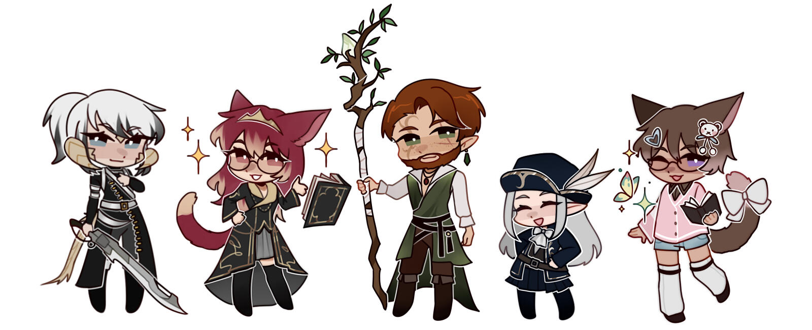 ffxiv; chibi group - au ra / miqo'te / elezen / lalafell / miqo'te